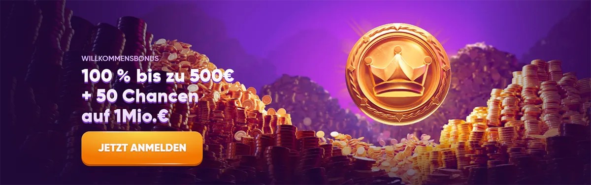 German casino welcome bonus banner offering 100% up to €500 plus 50 chances to win €1 million, featuring stacks of gold coins, a crown emblem coin, and a “Jetzt anmelden” (Register now) call-to-action button on a purple background.