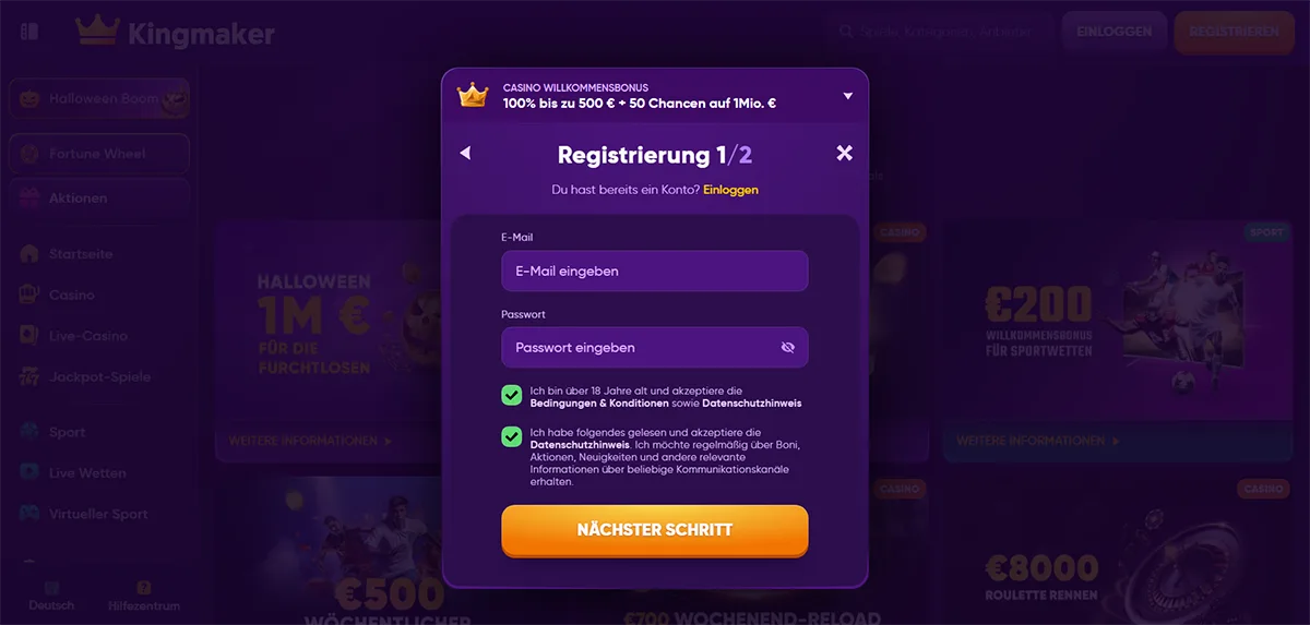 Kingmaker casino registration popup in German showing step 1 of 2 sign-up with a casino welcome bonus of 100% up to €500 plus extra chances, email and password fields, age and privacy consent checkboxes, and an orange “Next step” button on a purple casino interface.